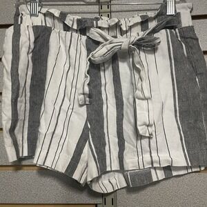Have Medium Gray White Striped Linen‎ Shirts Elastic Waist Tie Pockets